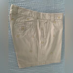 J Crew Khaki Shorts with tiny gold seascape emblem design. Size 6